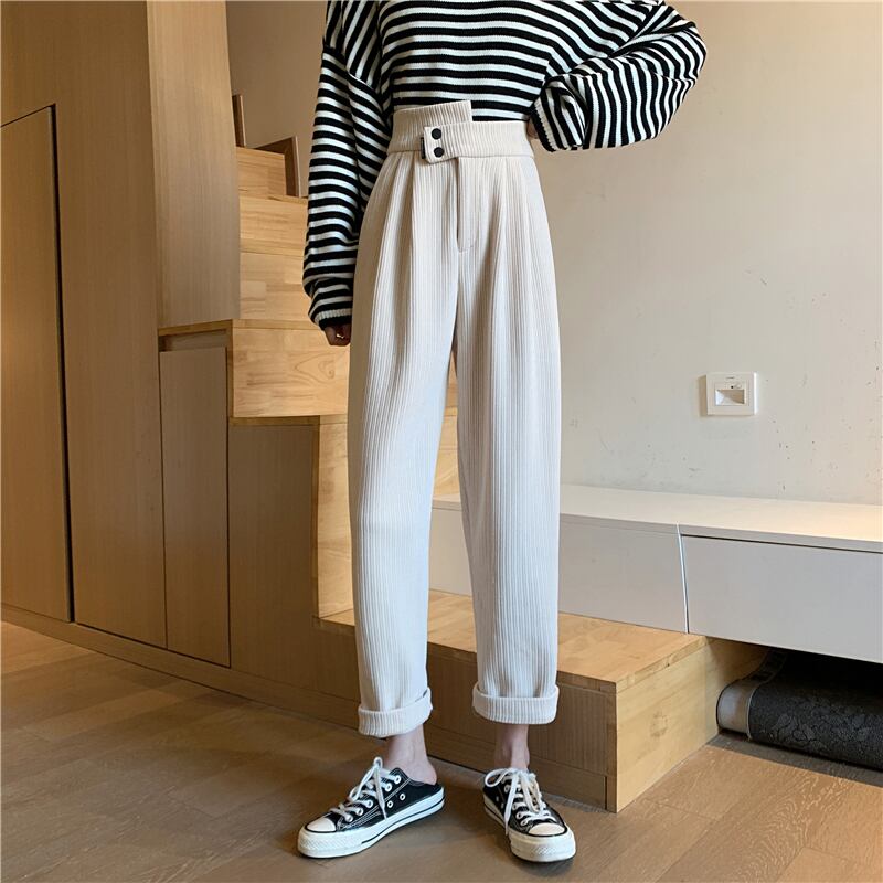コーデュロイスプリングパンツ オータムカジュアルハイウェストウェストルーズ 春物 秋物 試着室28884645191
