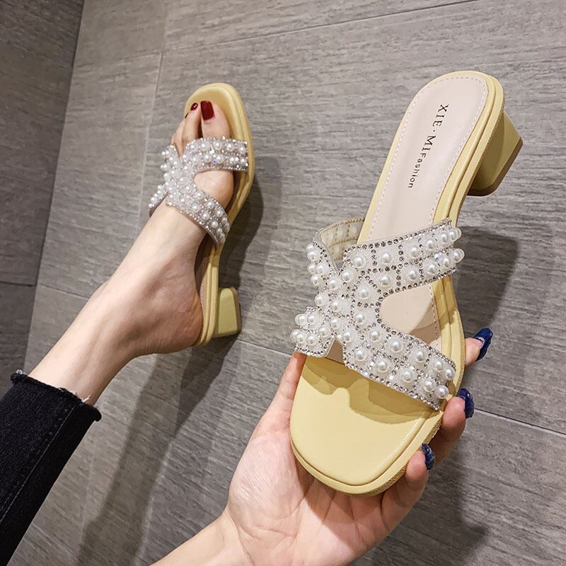 サンダルサマーラインストーンパールレッドスタイル 靴 シューズ 夏物 真珠 フェイクシューズ69157854887