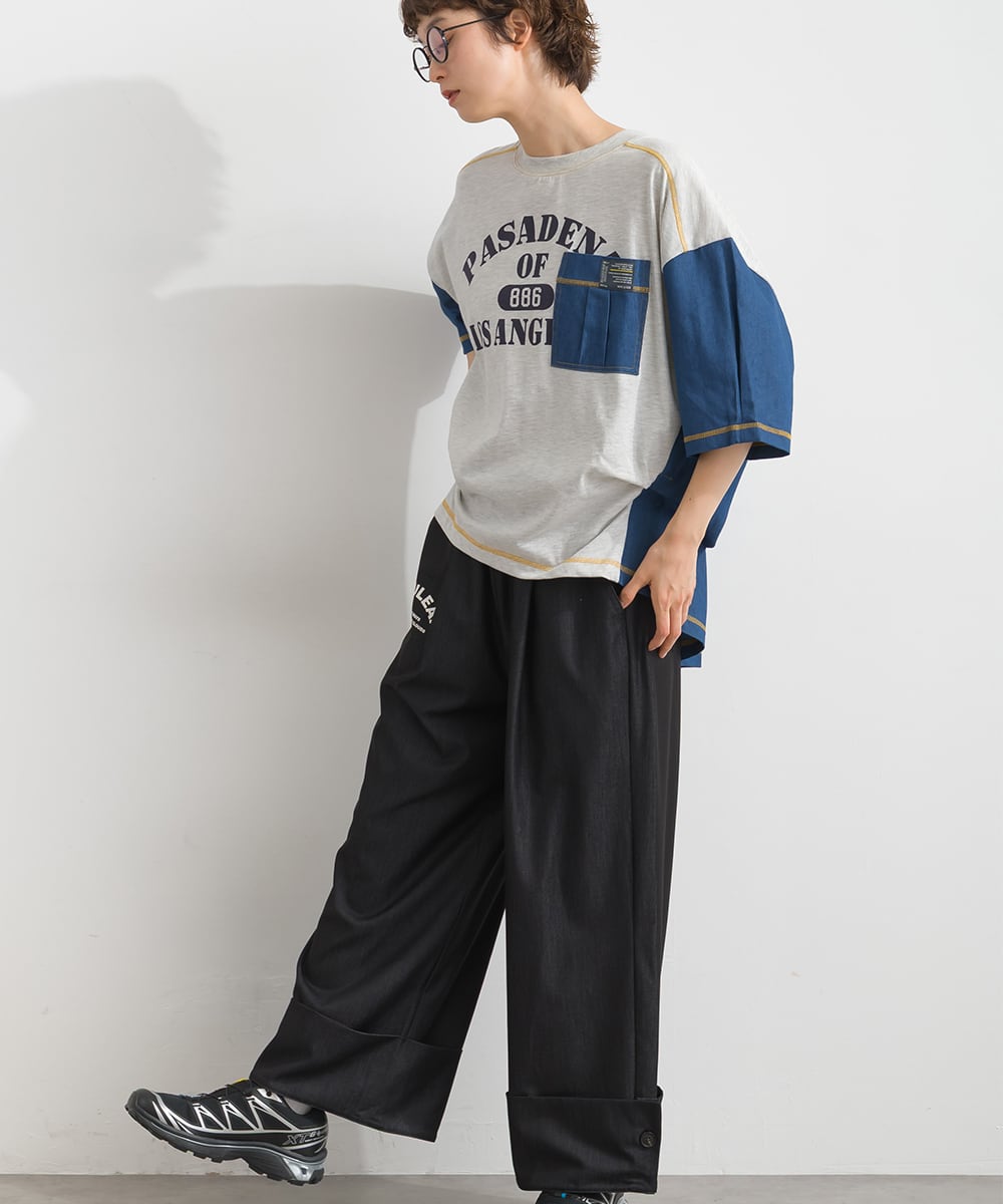 J262062 デニム切替リメイク風ロゴプルオーバー / Denim Panel Remake