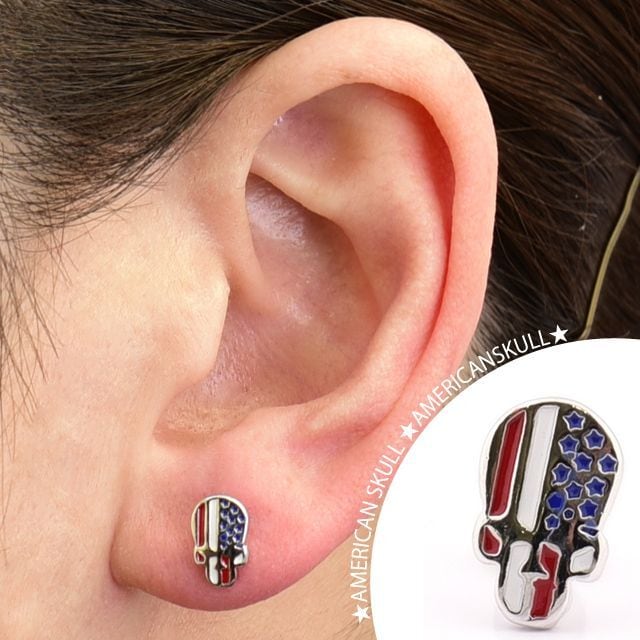 ボディピアス 16G アメリカ国旗 スカルフェイス ストレートピアス ロブ