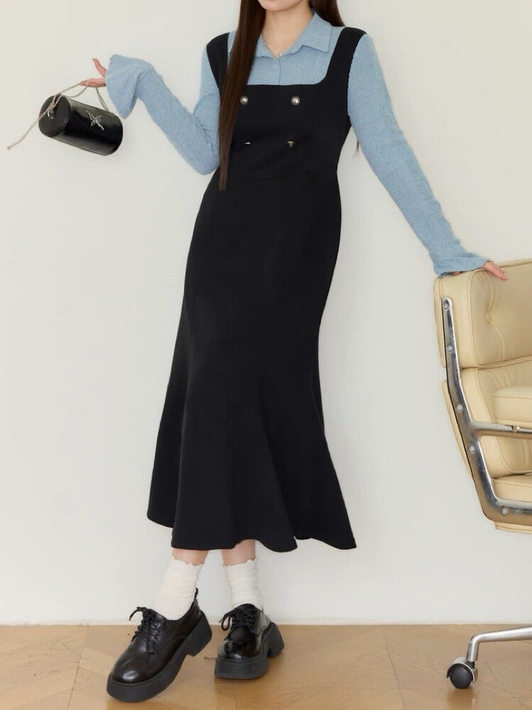 レディなシルエットで魅せる ニットドッキングAラインワンピース 長袖 ボタン 着映え 着回し 大人可愛い お洒落 エレガント きれいめ カジュアル Aライン 細見え大きいサイズ 韓国 CH10962