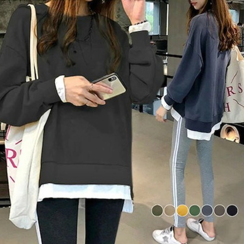 トレーナー レディース スウェット 無地 韓国重ね着風 無地 カジュアル 綿 長袖 トップス カットソー ゆったり ゆるシルエット スウェット おしゃれ 可愛い ブラック