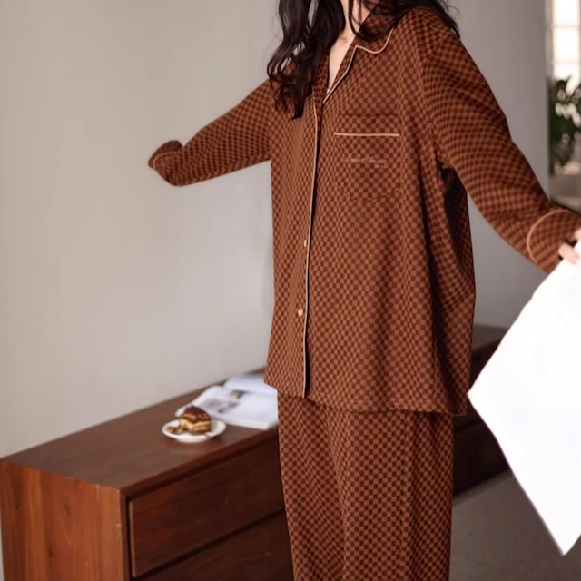 【ladies】check pattern cardigan style pair pajamas p1109