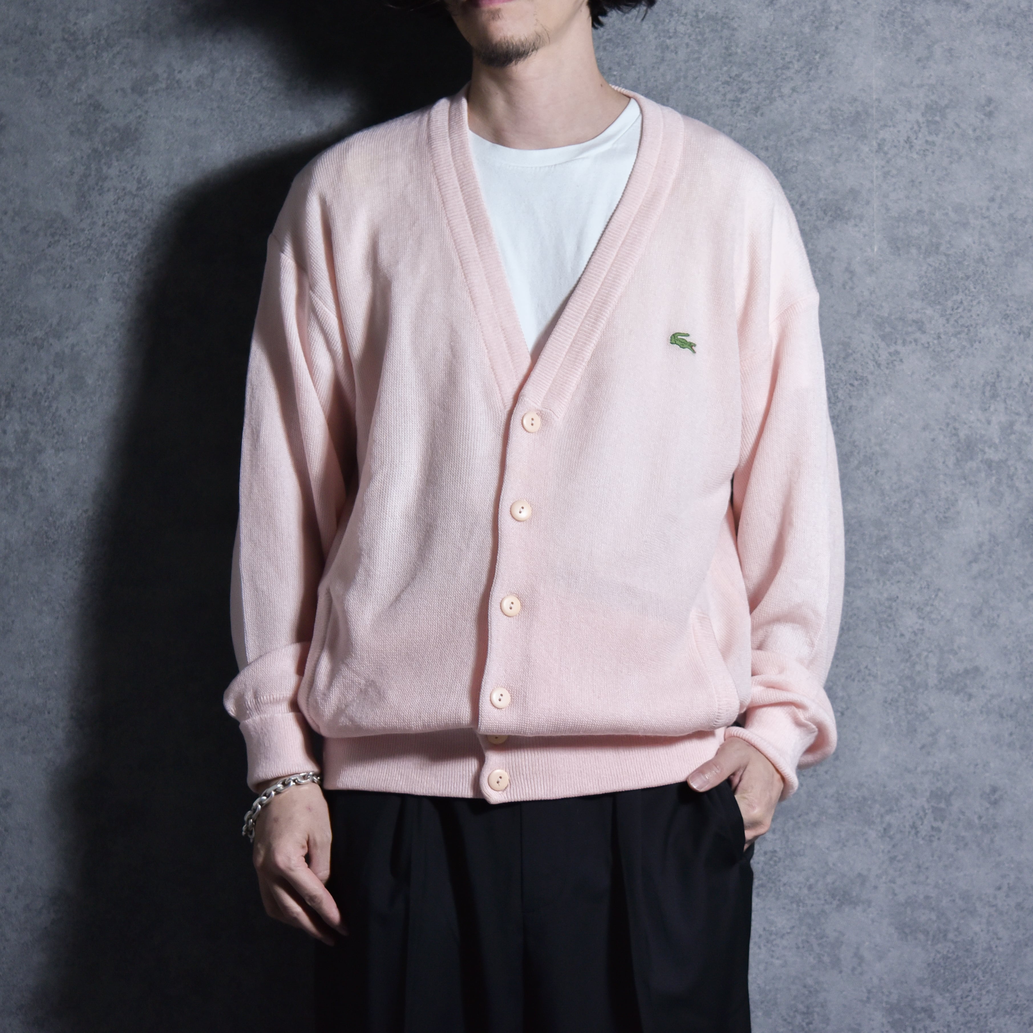 70-80s LACOSTE Spanish V-neck Knit Cardigan Pink スペイン製
