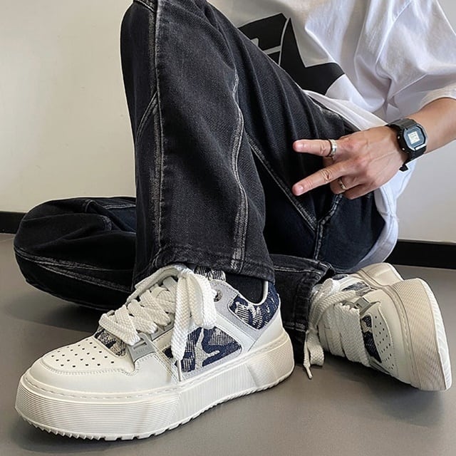 【予約販売】スニーカー 韓国 メンズ ゴツ底 太紐 厚底 靴 白 ホワイト カモフラージュ柄 お洒落 カジュアル ストリート スケボー スケーター ダンス 24.5cm/25cm/25.5cm/26cm/26.5cm/27cm