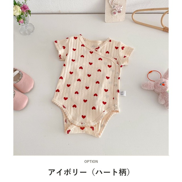 【BABY】ハートリボン総柄半袖前開きロンパース - 3