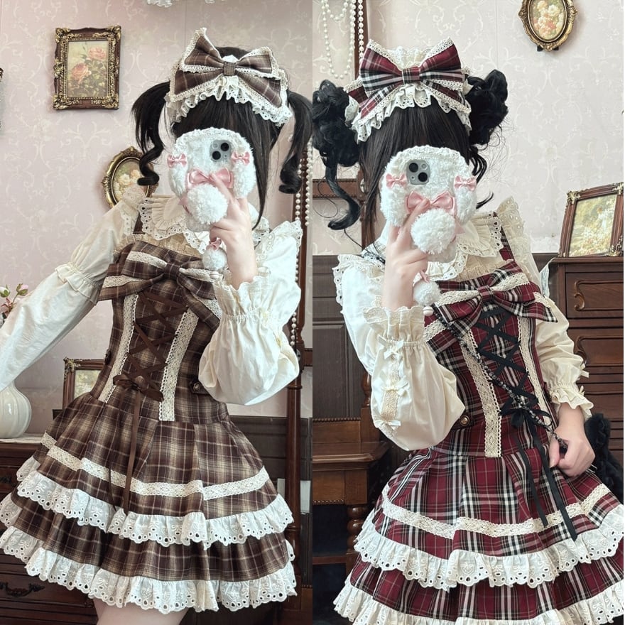 【地雷系量産型 / 甘ロリ】クラシカルチェック柄リボンJSK – レース×編み上げの細見えシルエット / 秋冬ガーリー / 推し活・デート