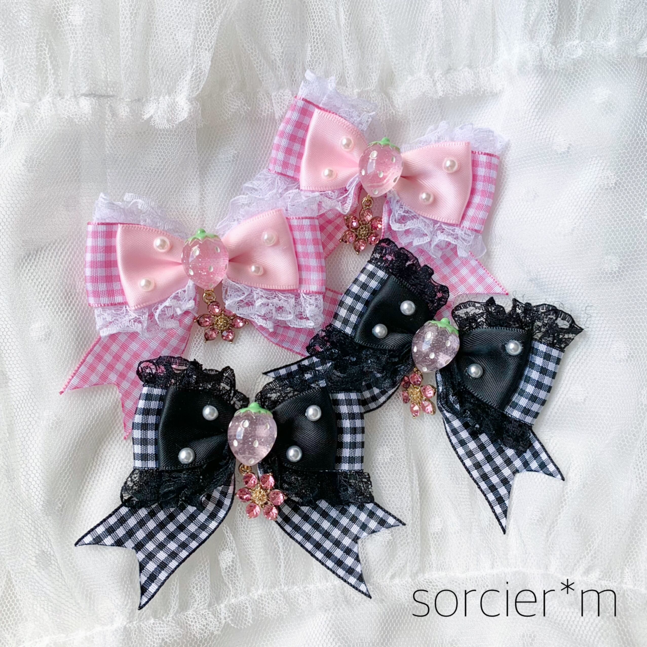 Candy strawberry ぷち苺×お花 リボン ヘアクリップ ♡ ギンガム