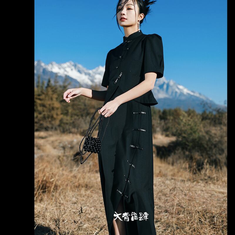 大青龍肆シリーズ チャイナ風ワンピース フェイクレイヤード デザイン性あり 中華服 ロング丈 女子会 卒業式 Elegant