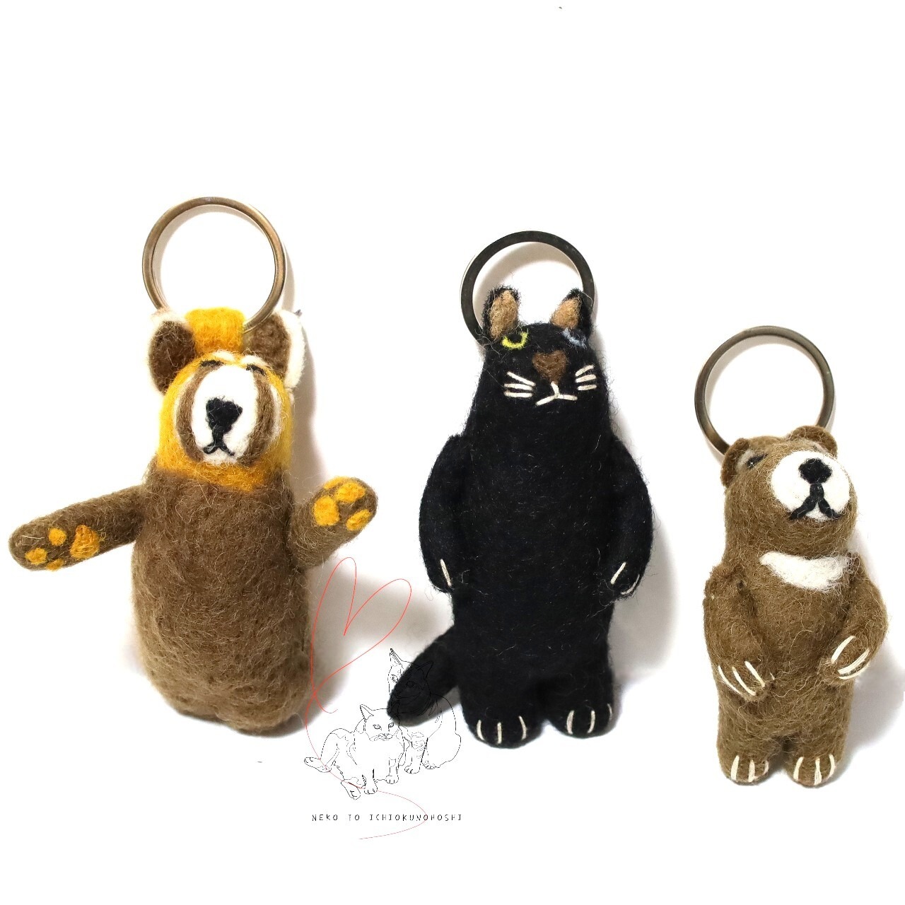 動物フエルト　キーリング　レッサーパンダ／黒猫／くま