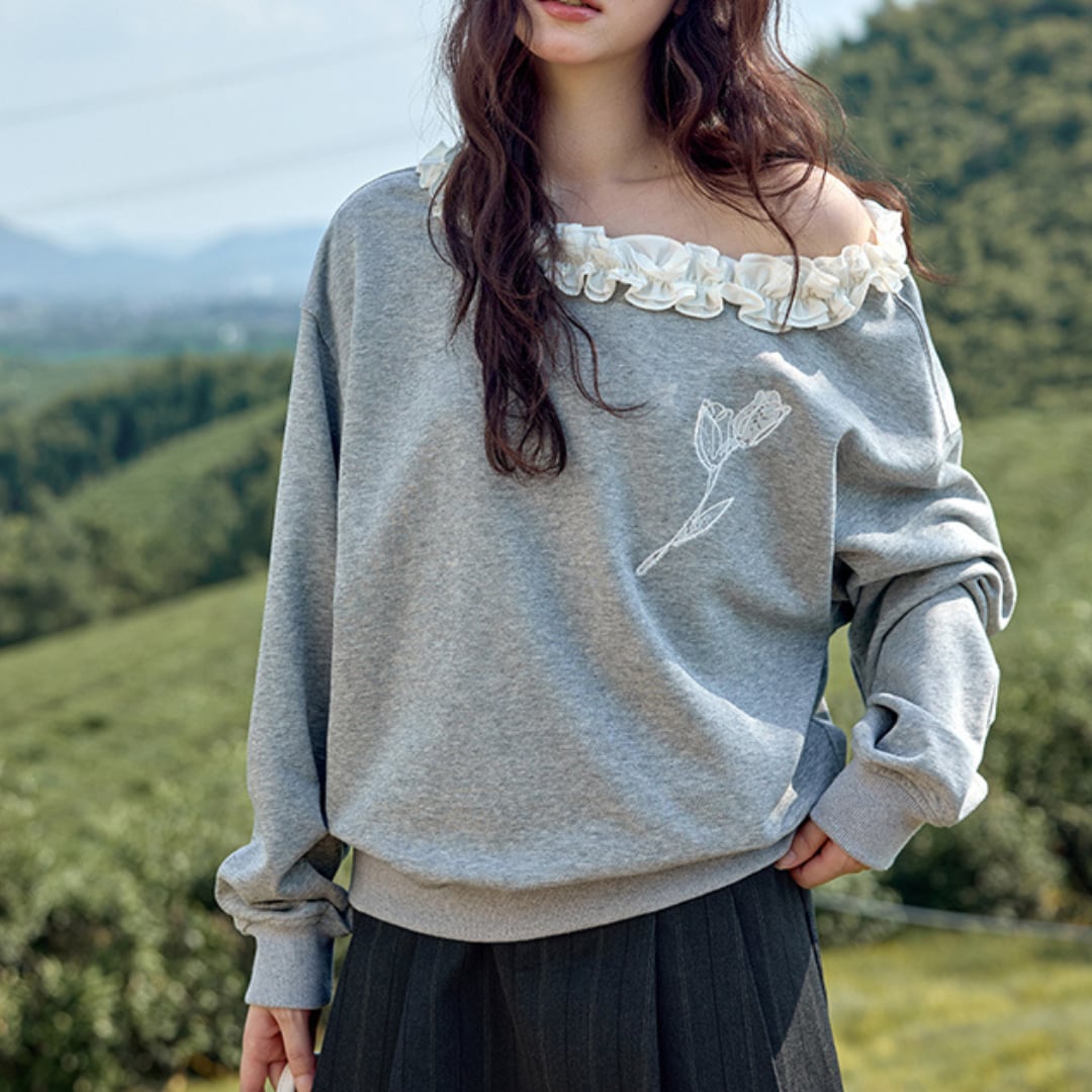 frill neck embroidered pullover