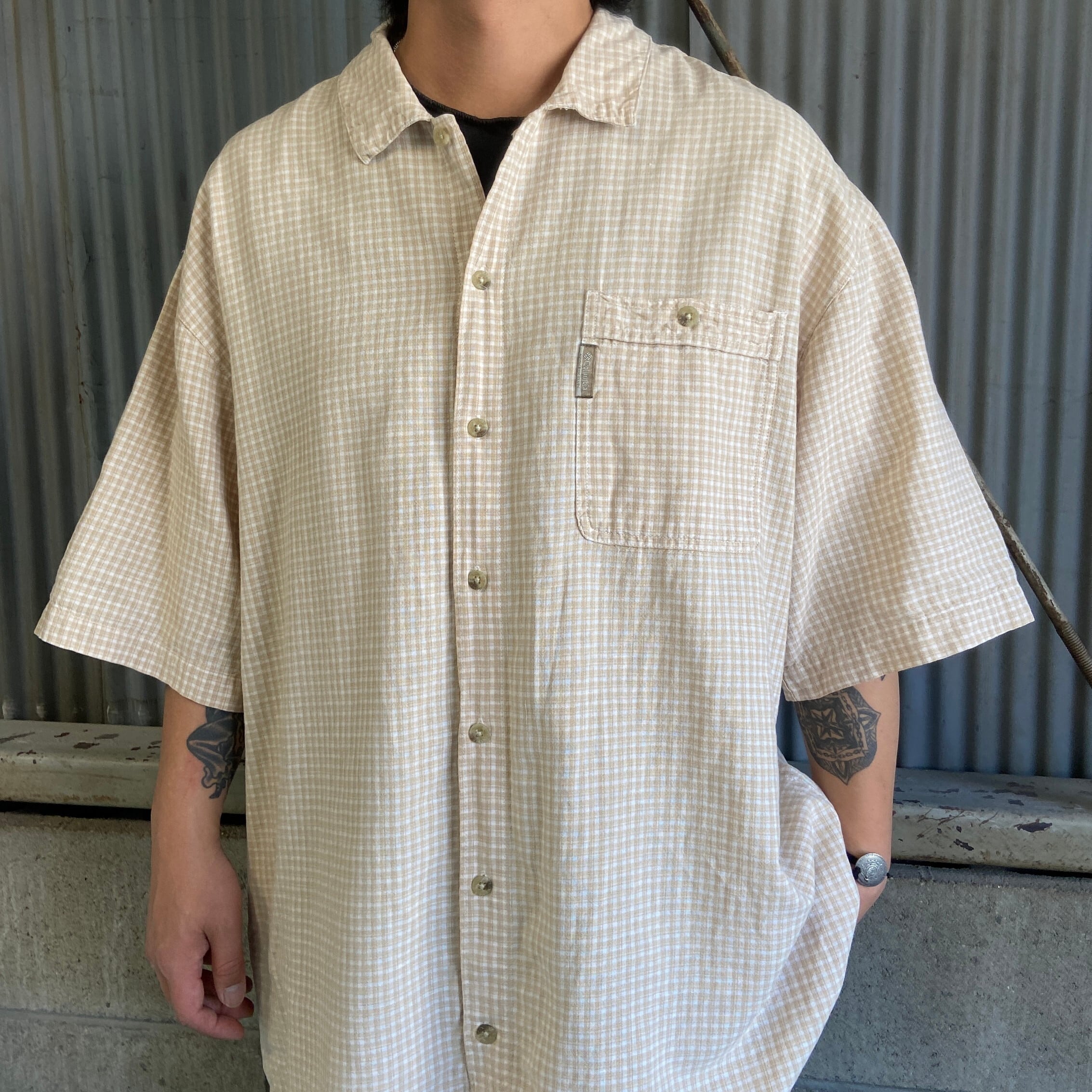 00年代 Columbia コロンビア リネン×コットン 半袖 チェックシャツ メンズXL 古着 00s ヴィンテージ ビンテージ ベージュ