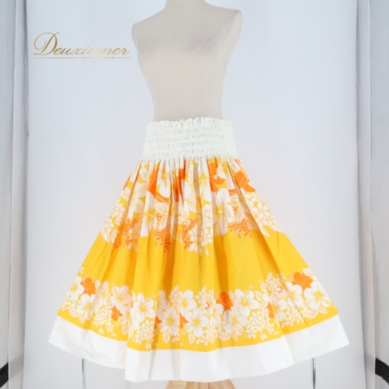 フラダンス 衣装 パウスカート プアラニ イエロー系 PUALANI 日本製 ツーカラー ハイビスカス柄 プルメリア柄 シングル かわいい 華やか 鮮やか 明るい 白 黄 ハワイアン アロハ ハワイアンプリント フラ ダンス レッスン 練習 ふんわり