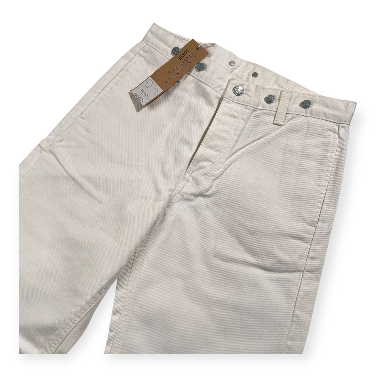 タグ付き MARGARET HOWELL マーガレットハウエル EDWIN エドウィン ホワイト デニムパンツ バックベルト サイズ W28/サスペンダーボタン