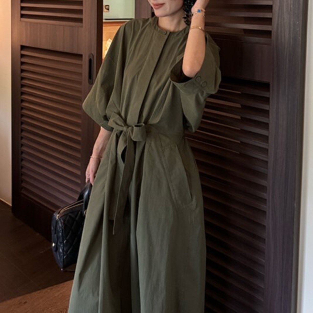 リボンベルト付きグリーンAラインワンピース W01352