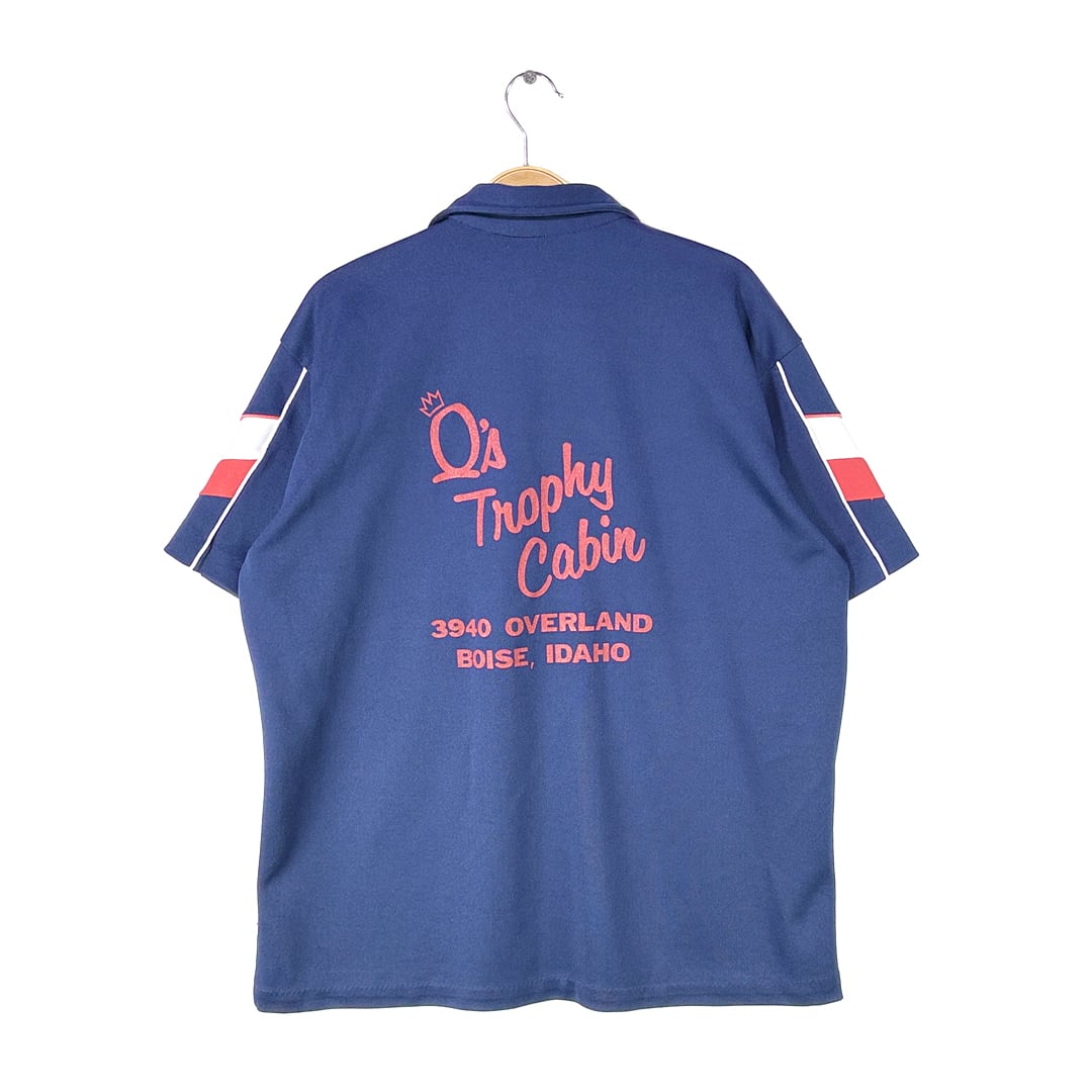 80s ANGELTOWN USA製 ヴィンテージボーリングシャツ チェーンステッチ刺繡 バックプリント ネイビー メンズXL 古着 @CE0014
