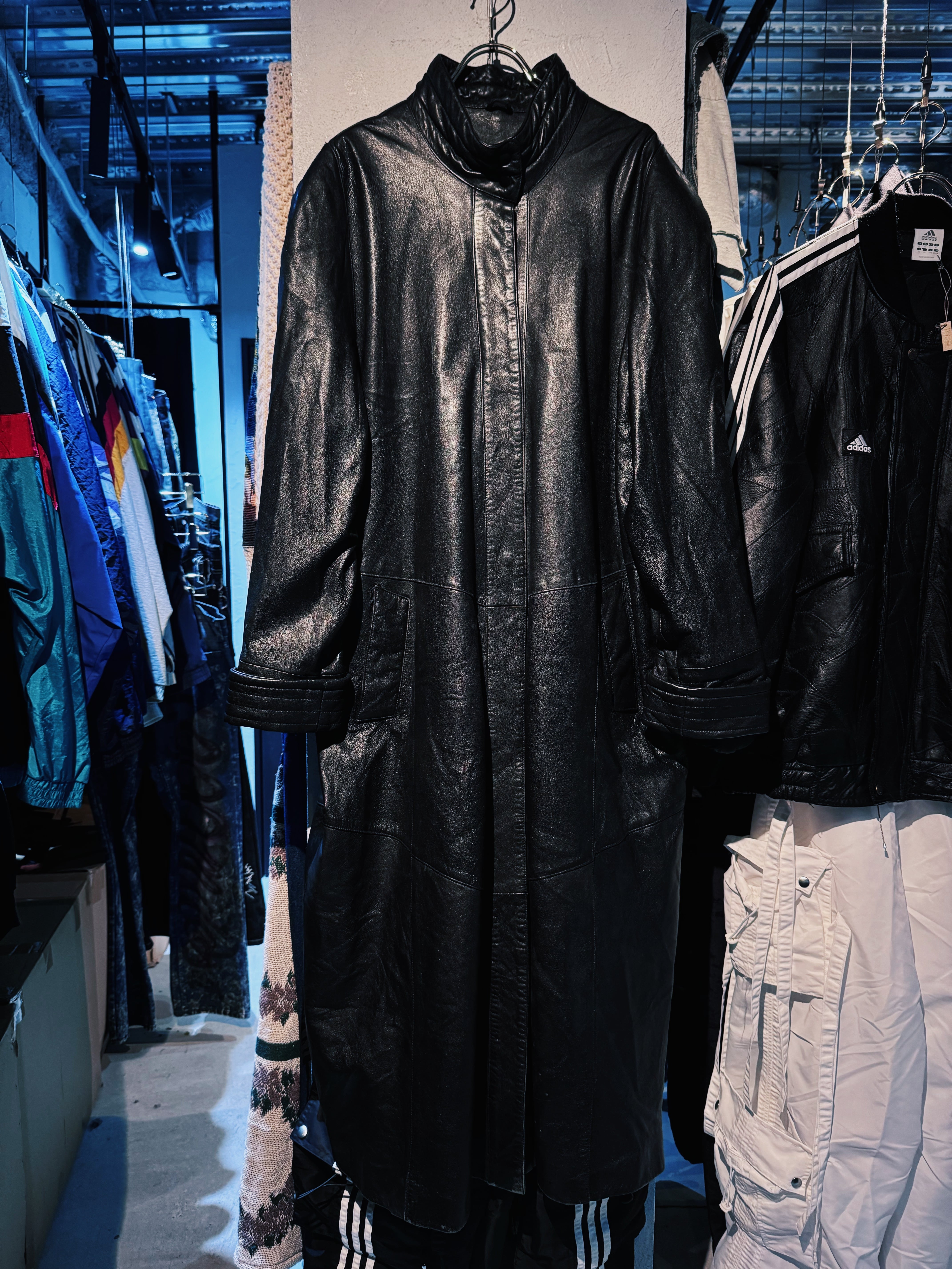 【D4C】special vintage genuine BLACK leather stand neck long coat