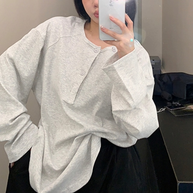 asymmetrical design Henley neck long tee　アシメデザインヘンリーネックロングティー　J1559