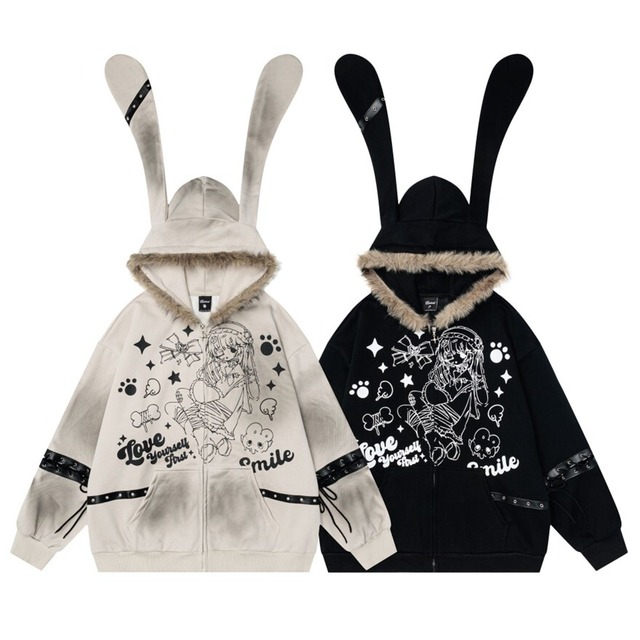 参戦服 うさ耳パーカー スウェット 手書きイラスト風 プリント パンク