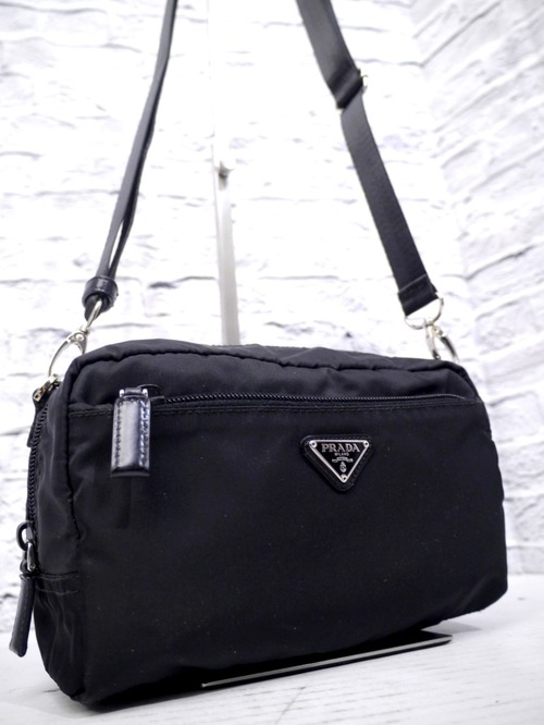 美品◆PRADA プラダ テスート ナイロンxレザー クロスボディ ショルダー カメラ バッグ ポーチ ポシェット 黒◆ クロスボディ仕様の定番♪
