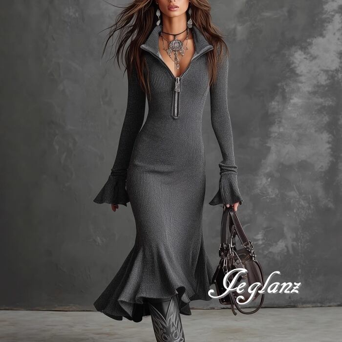 ニット ワンピース 長袖 ドレス ハーフジップ 裾フリル きれいめ(MB666)γ