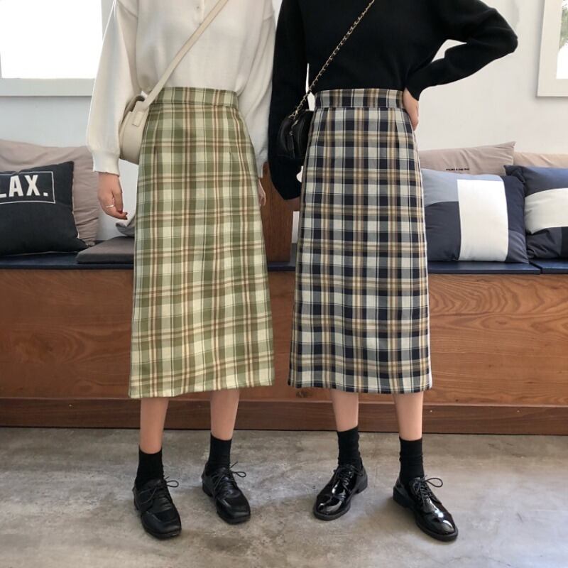 スタンダード格子柄Aラインスカート スプリングオータムハイウェストウェストスリム レトロ 春物 秋物 1号婦人61474658003