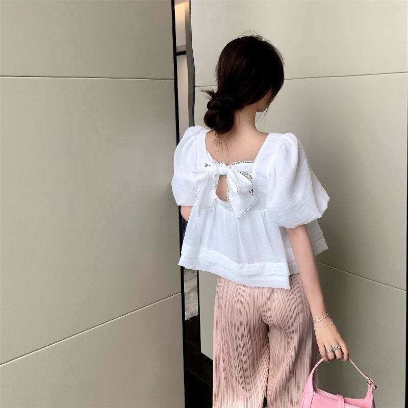 シャツ スリーブホワイトサマー薄手トップス 夏物 ブラックストロベリース84989072782