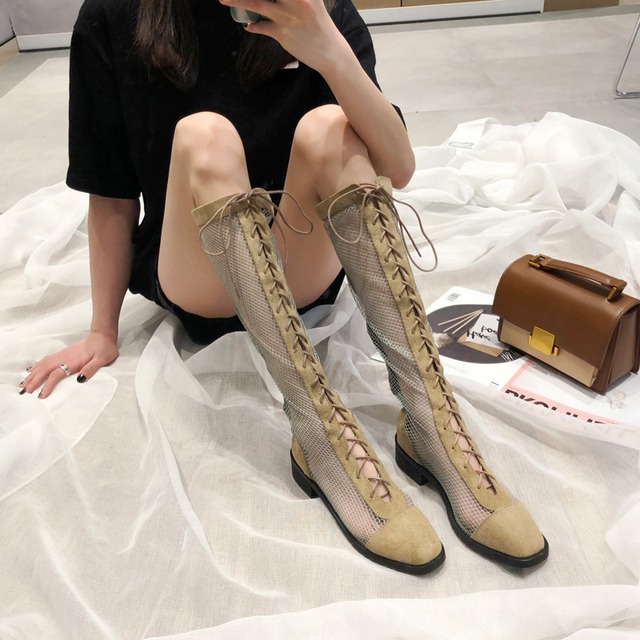 ブーツレディース2020新しいメッシュレースアップブーツサンダルメ​​ッシュ中空ハイブーツシックヒールローマンスタイルサンダル 部族の婦人靴4813153