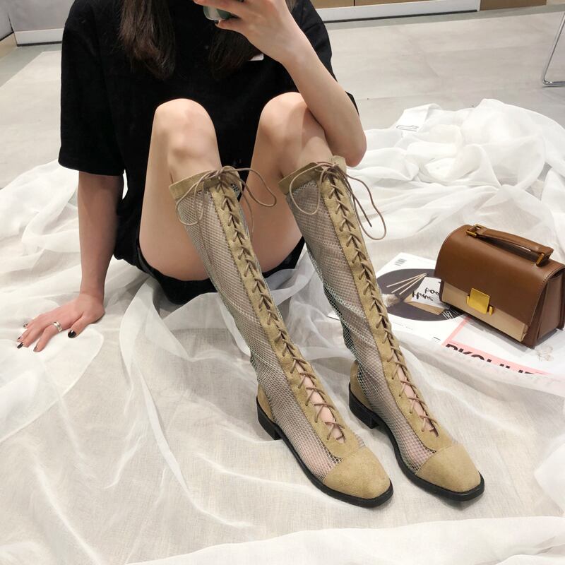 ブーツレディース2020新しいメッシュレースアップブーツサンダルメッシュ中空ハイブーツシックヒールローマンスタイルサンダル 部族の婦人靴4813153