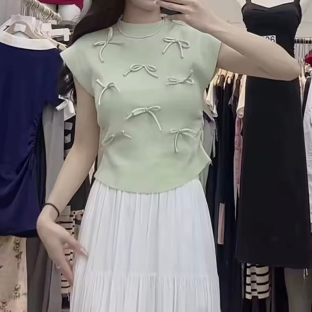 リボンモチーフクルーネックニットTシャツ