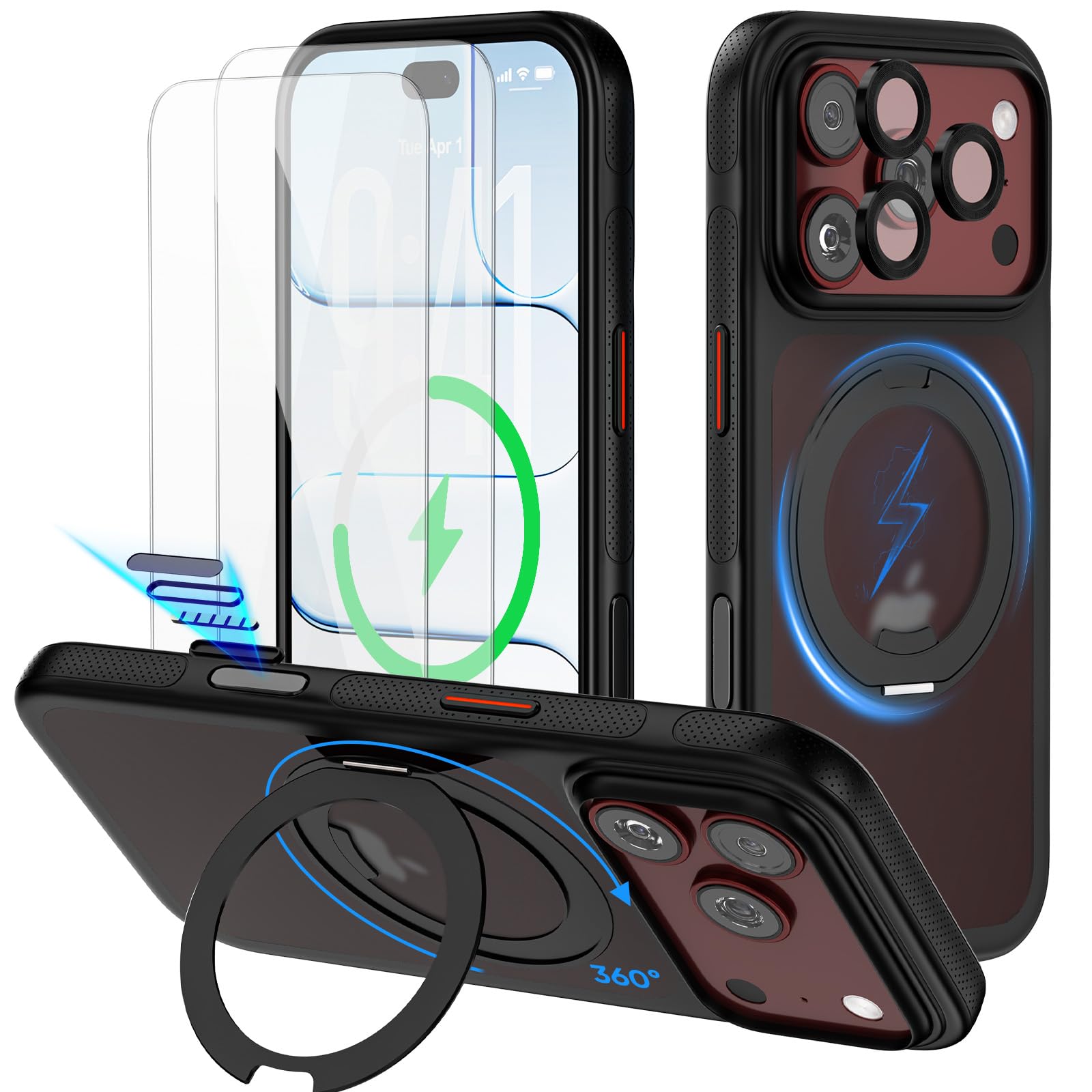 KOWEDYA iPhone 17 Pro/18 Pro ケース 360°回転リングスタンド MagSafe対応 4点セット 半透明 ブラック