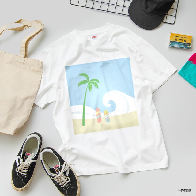海とヤシの木とサーフボードのレトロ風Tシャツ 選べるサイズと生地 小さいサイズ・大きいサイズ・キッズ 送料無料