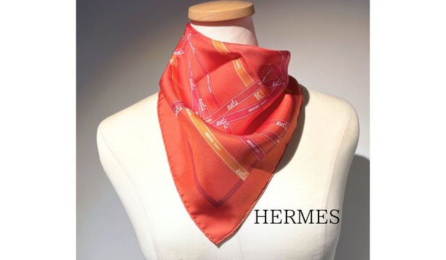 HERMES エルメス ボルデュック スカーフ プチカレ シルク オレンジ ピンク系 リボン柄