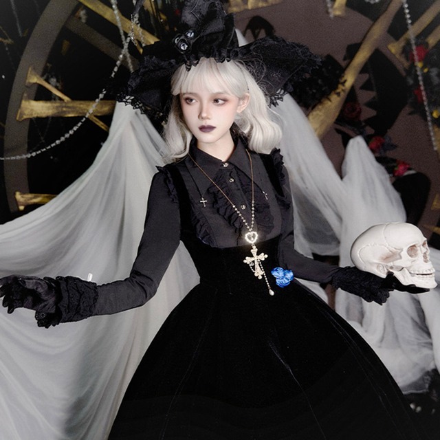 SEASONZ ゴスロリ PUJI オリジナル 長袖シャツ ブラウス 十字架 レース フリル 秋冬服