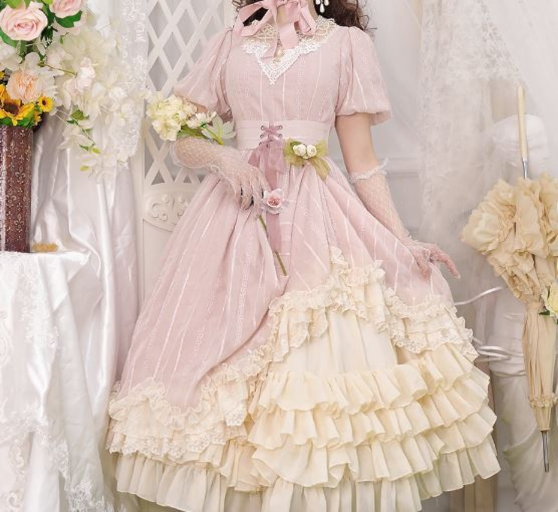 No.437] 若返っ TRALALA*ピンクドットシフォンパフスリワンピ