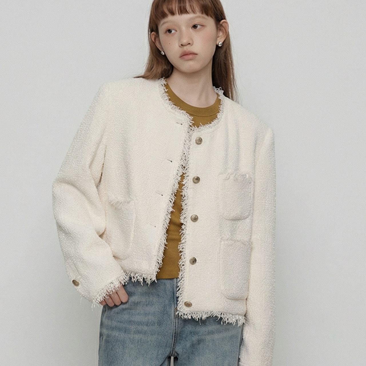 Fringe No-Collar Jacket 【2color】 T4306
