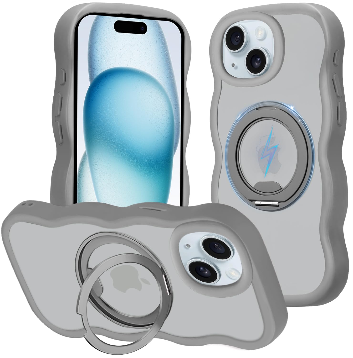 ATUSIDUN For iPhone 15 ケース Magsafe対応 リング ワイヤレス充電 いphone15 ケース スタンド 縦横両対応 マグネット搭載 半透明 耐衝撃 PC+TPU アイフォン15 スマホケース 人気 おしゃれ ストラップホール付き 滑り止め マット感 波状 あいふおん15 カバー (グレー)