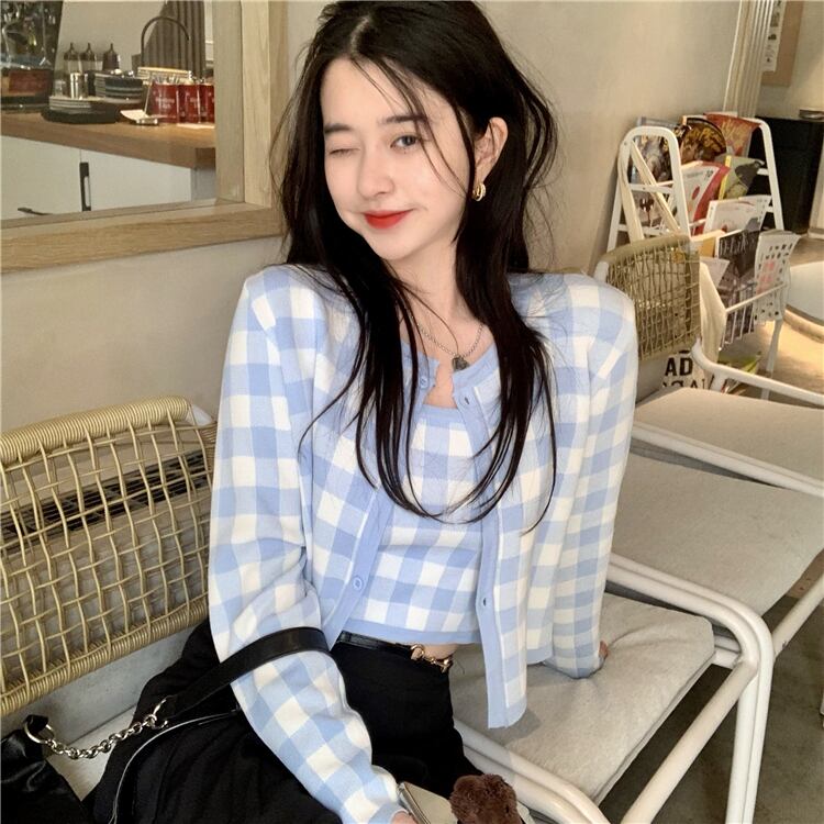 スタイルオータムスタンダードブルー格子柄パールカーディガンセット ロング レトロ 大人ガーリー スウィート キュート カジュアル 秋物 真珠 萌量不足9923155660