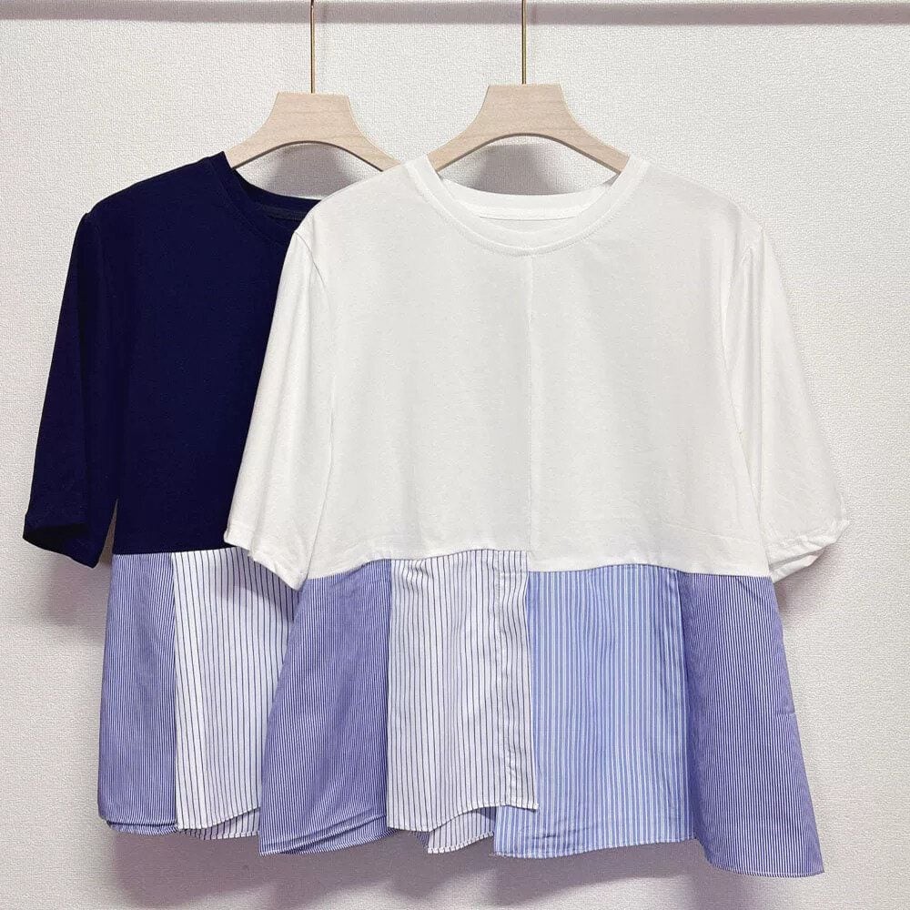 STRIPE RUFFLE HEM IRREGULAR T-SHIRT M-16832