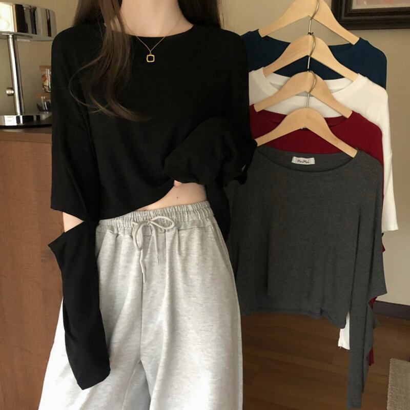 ショートソリッド カラーシャツ トップス スプリングレッドTシャツ ロング 春物 ソリッドカラー 試着室62516136453