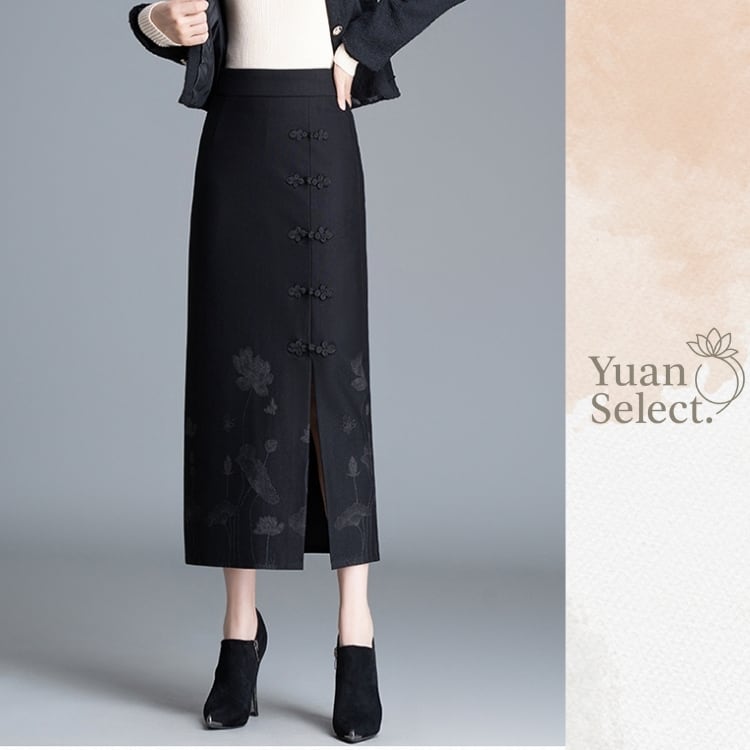 蓮花柄　チャイナボタンロングスカート　YS00038