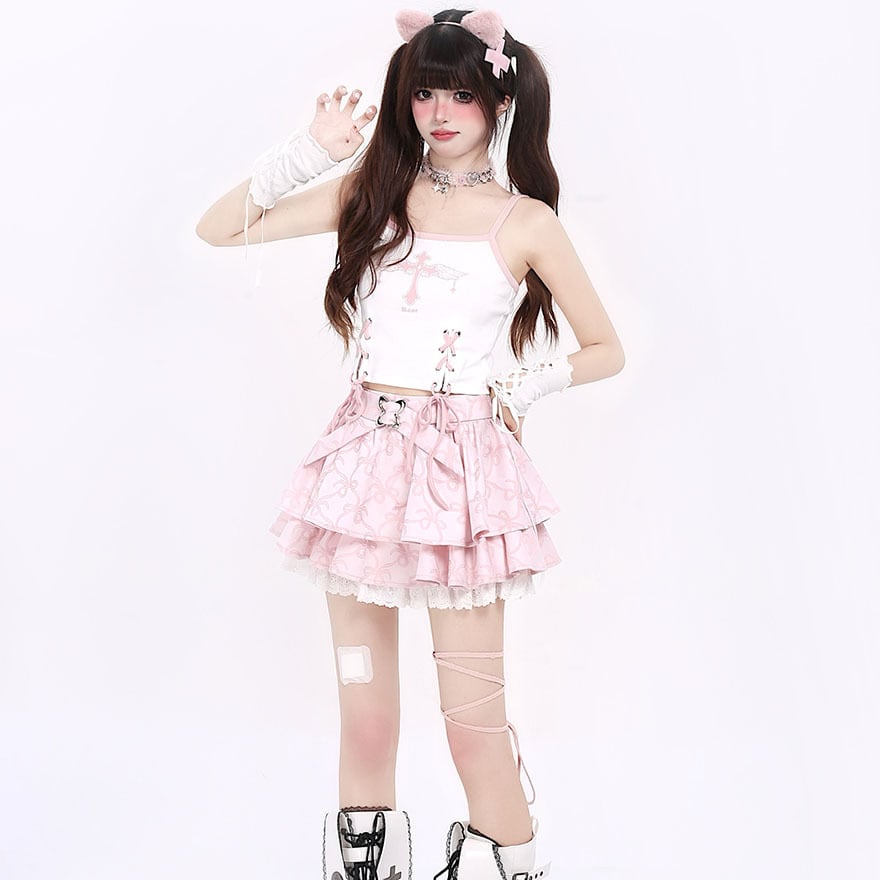 キャミソール CRAZYGIRL 十字架 レースアップ リボン 病み可愛い