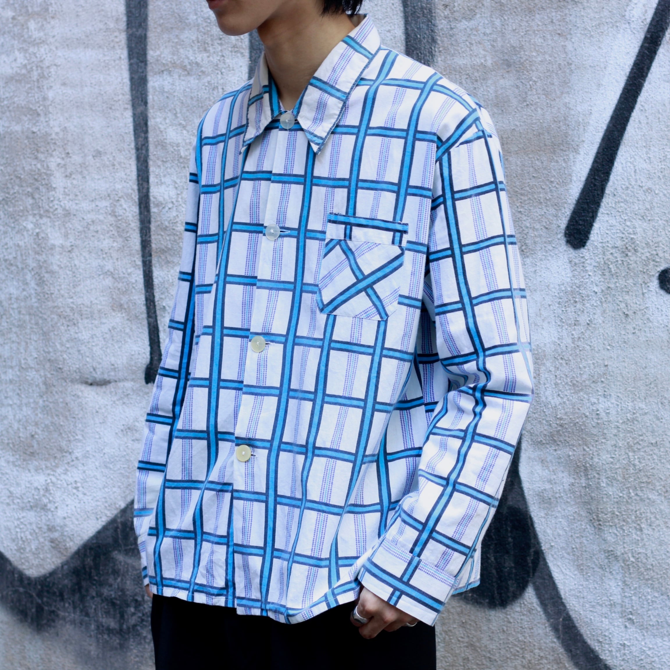 0355. 1960's german sleeping shirt チェック ブルー パジャマ