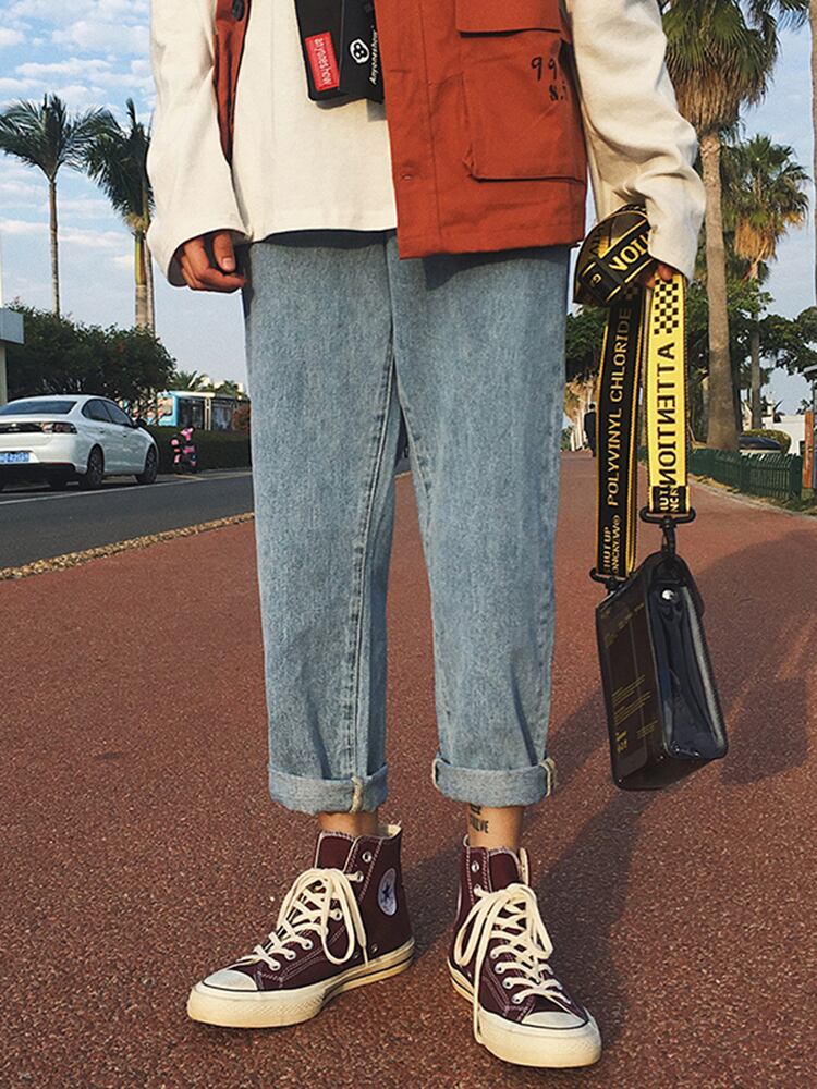 全2色 デニム パンツ ストレート カジュアル サイドライン