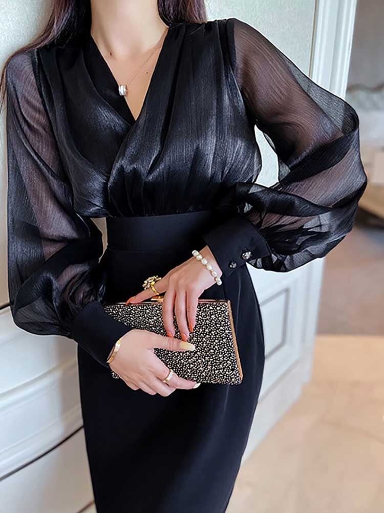 大人の色気を漂わせる シアースリーブカシュクールナローワンピース お呼ばれ パーティー エレガント シック 大人 きれいめ ミディアム丈 ボリュームスリーブ 大きいサイズ 韓国 CH8485