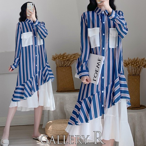 ★春　シャツワンピース　ワンピースブラウス　ストライプ★