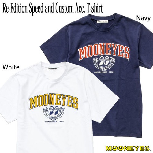 MOON Re-Edition Speed and Custom Acc. T-shirt White Navy ムーンアイズ リ・エディション スピード & カスタム アクセサリー Tシャツ 刺繍 MOONEYES ムーンアイズ