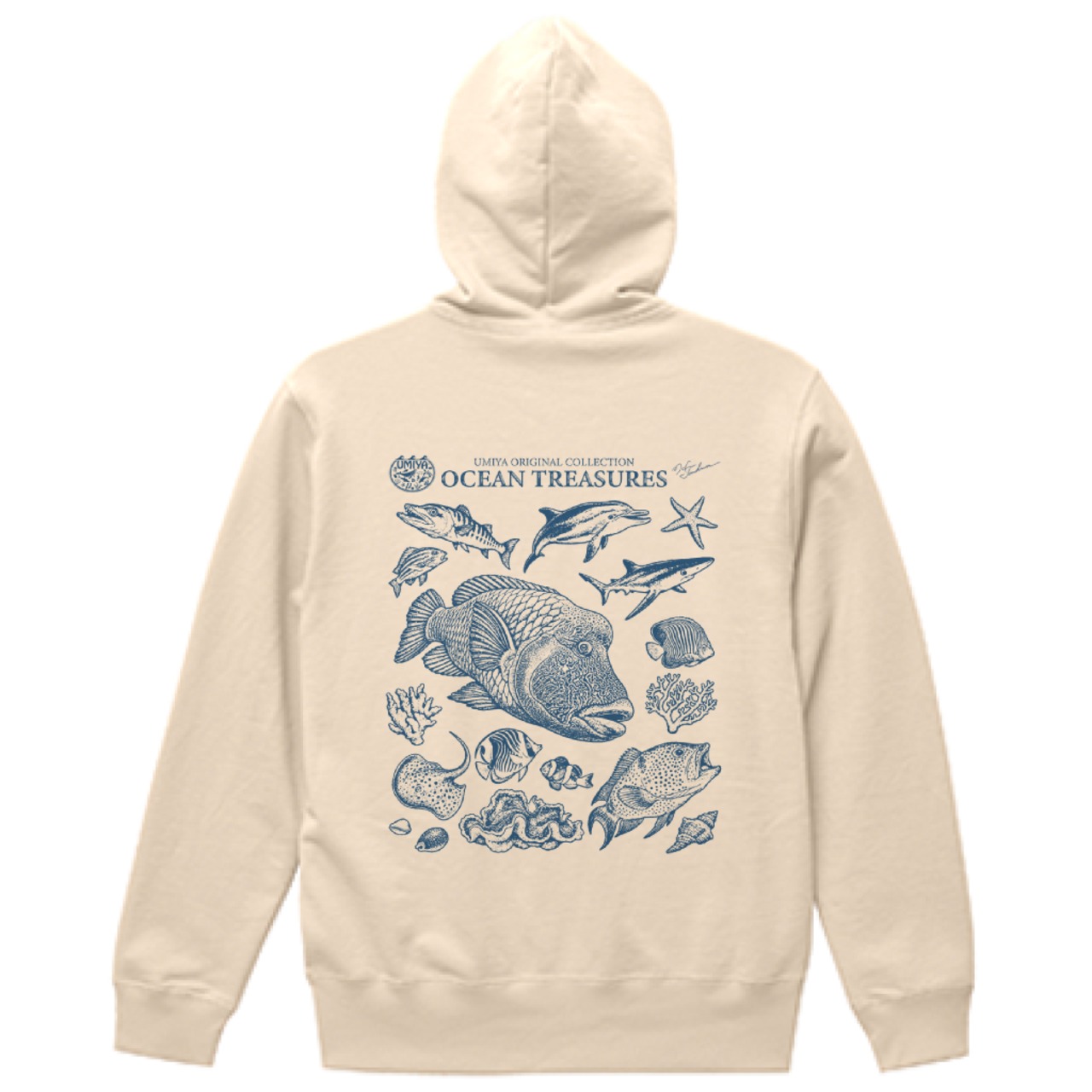 海洋生物ヴィンテージ風プルオーバーパーカー｜OCEAN TREASURES／Model-04（ナチュラル）