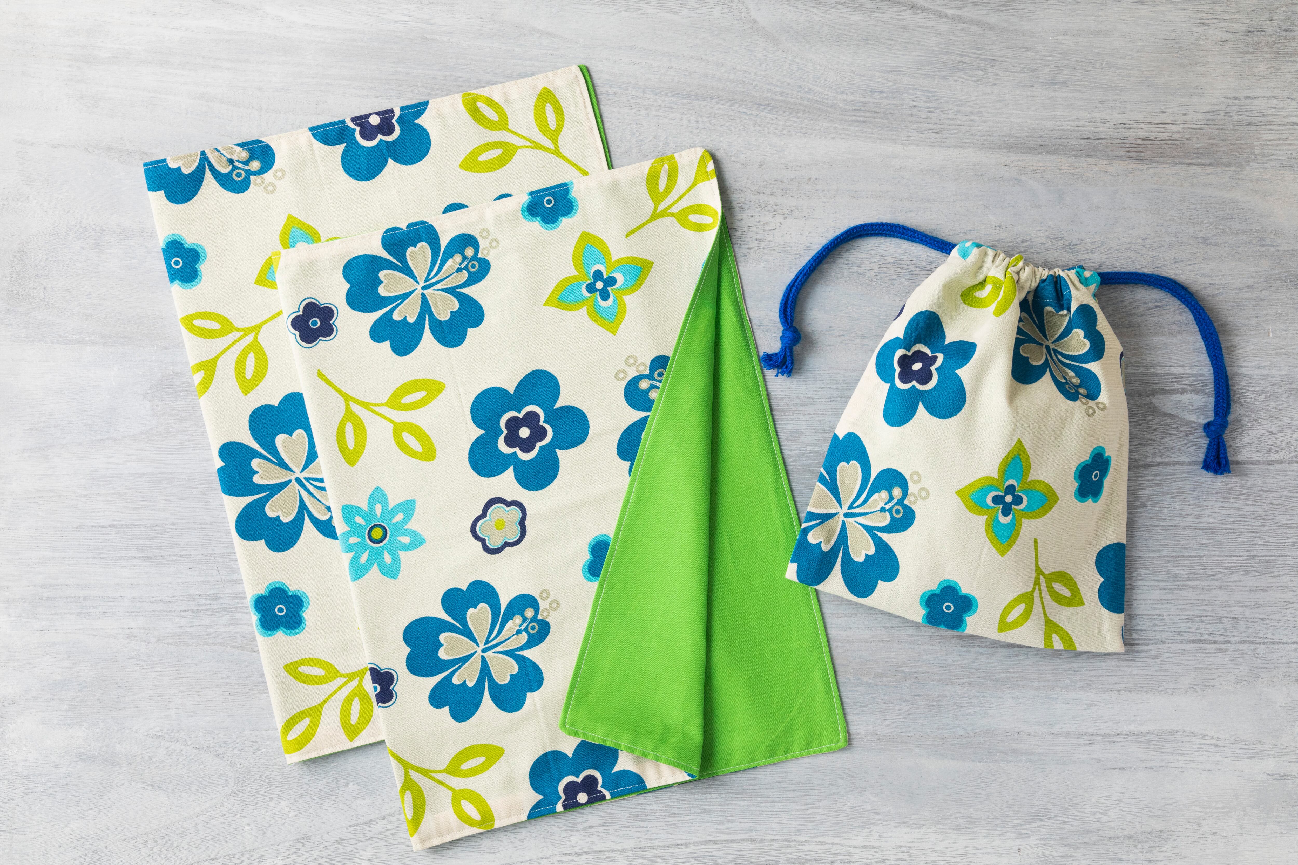 【60×40㎝】給食用ランチマット2枚&巾着セット ハイビスカス柄 ブルー