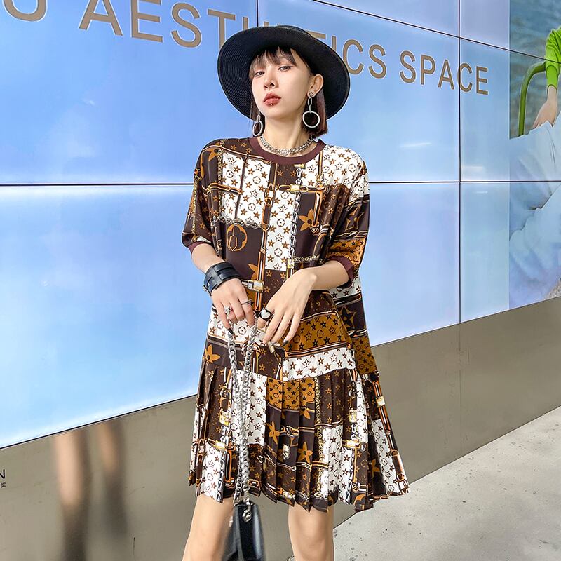 スカート サマードレス プリント柄プリーツラウンドネック半袖スリーブルーズスリム ショート ハーフスリーブ 夏物 Oネック ステッチ ラブタオタオダレンハウス94175855597